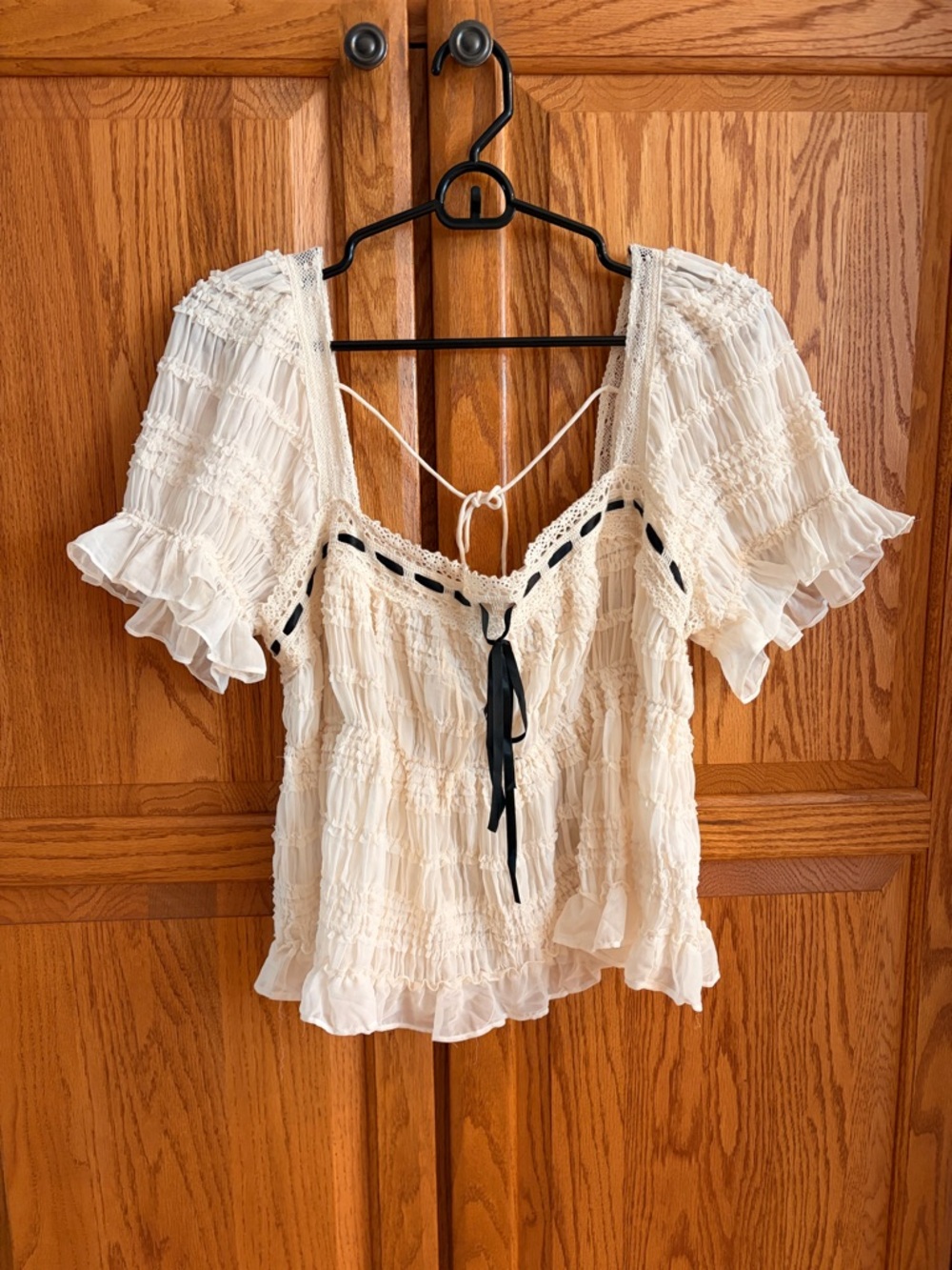 Kimchi Blue White Smocked Peasant Blouse with Black Tie